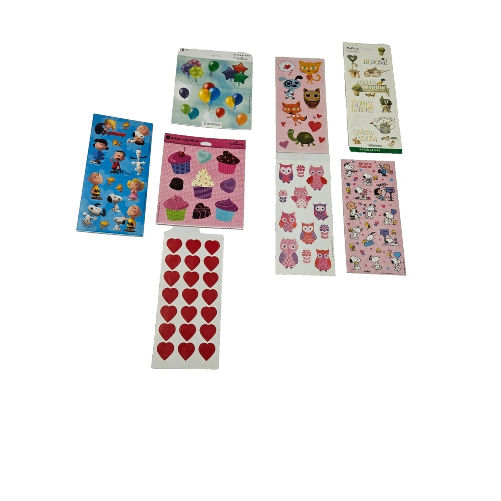 Hallmark Sticker Lot Peanuts Snoopy Valentine Owls Hearts Garden Balloons Cupcak